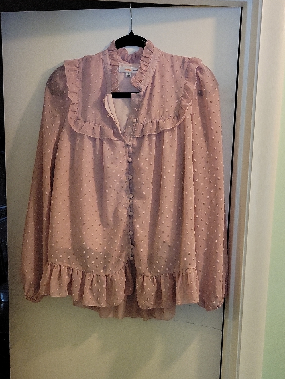 Orange Creek- Blush Pink Ruffle Swiss Dot Blouse